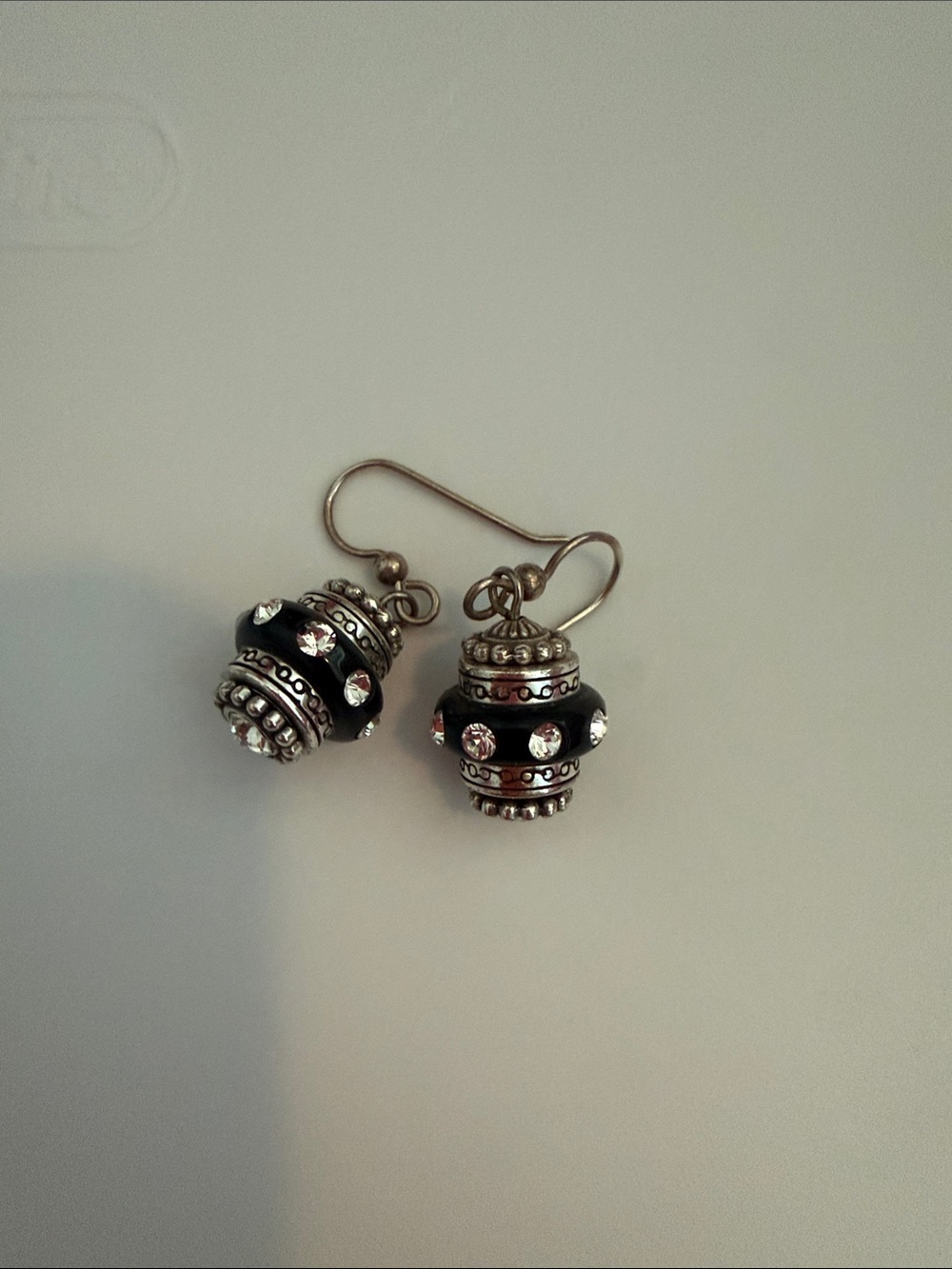 Black Bead and Crystal Drop Earrings with Silver Accents
